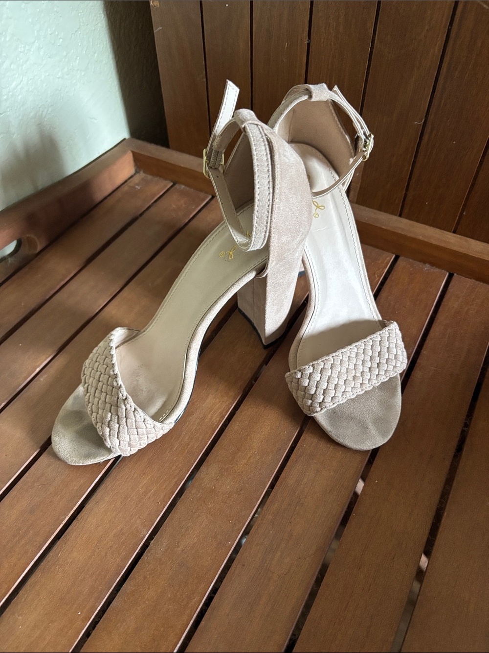 Qupid Beige Suede Braided Front Block Heel Sandals with Ankle Strap